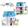 Maison de poupée en bois vue de face et de dos avec accessoires