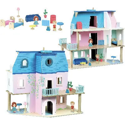 Maison de poupée en bois vue de face et de dos avec accessoires
